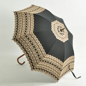 アンティークレース 日傘 布製 晴雨兼用 籐ハンドル 長傘 大判 遮光性 