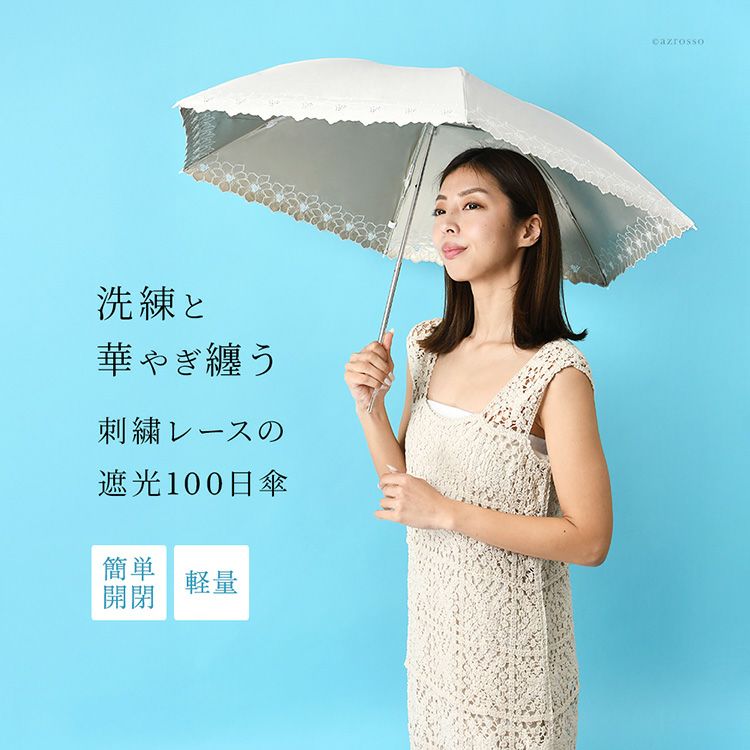 花柄レースが優雅な晴雨兼用日傘「グレースフラワー」。100%完全遮光、UPF50。持ち運びやすい軽量6本骨の小さめ折りたたみ傘